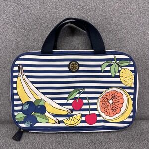 Tory Burch Cosmetic Bag Travel Toiletry Organizer Blue White Stripe Fruit Print‎